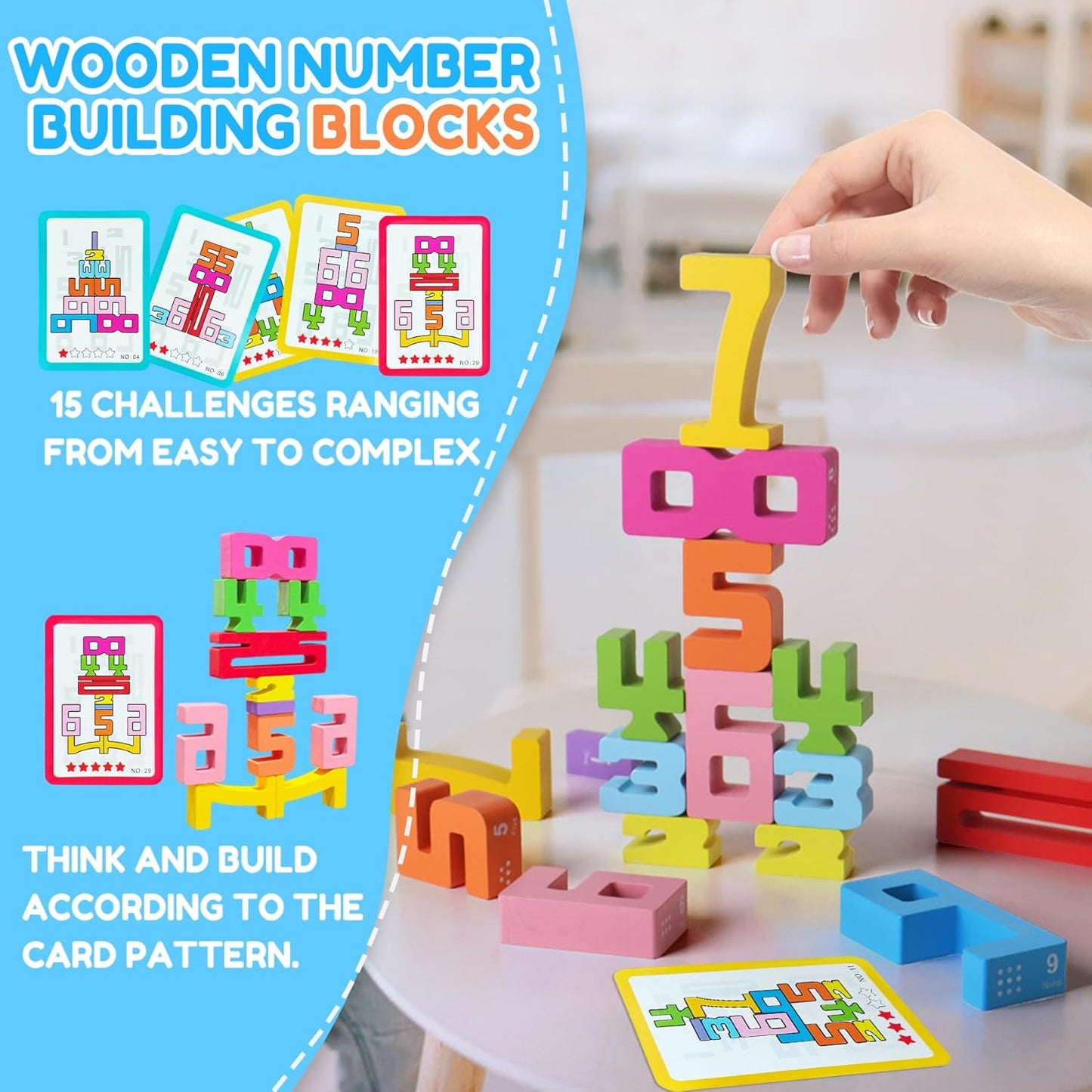 Wooden Number Building Blocks - 20-Piece Educational Stacking & Counting & Balance Toy for Kids Ages 3+
