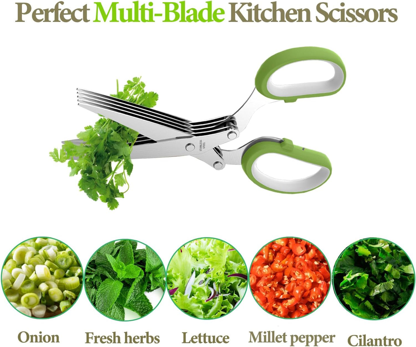 Herb Scissors – Multi-Edge Stainless Steel Cutting Tool for Fresh Herbs – Must-Have Kitchen & Cooking Gadget, Green