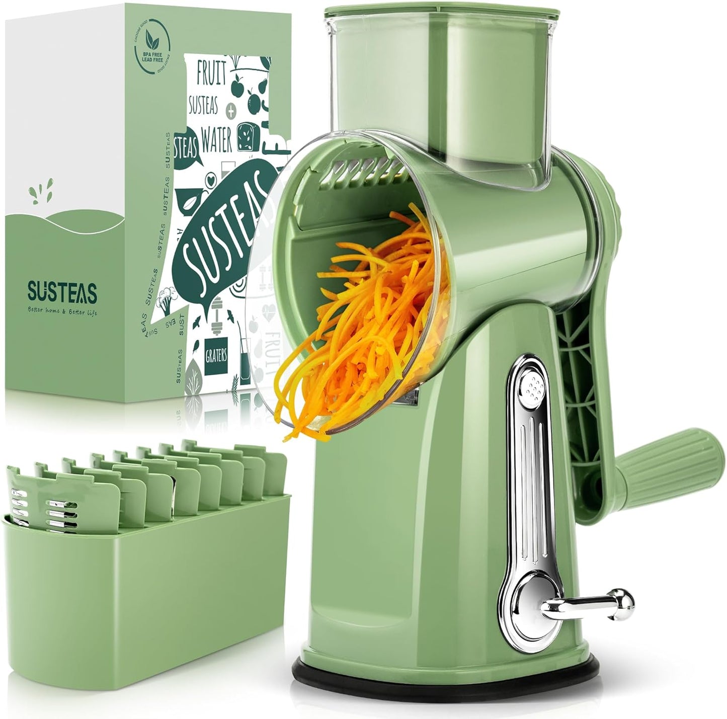 5-in-1 Rotary Cheese & Veggie Grater – Easy Hand-Crank Slicer with Interchangeable Cutting Inserts & Strong Suction Base