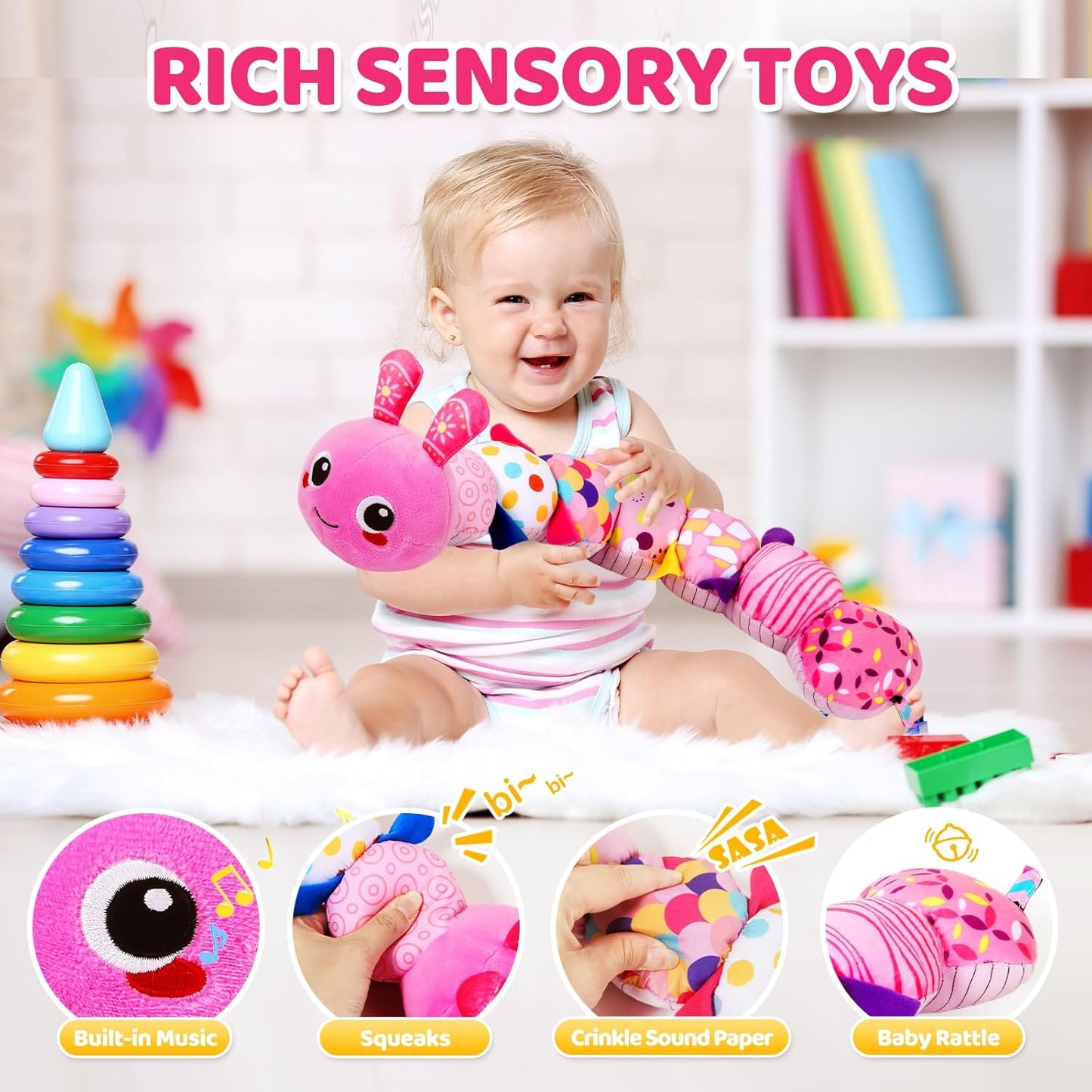 Soft Baby Plush Toy with Sounds – Sensory Crinkle Rattle Animal for Early Development & Tummy Time Play (0–12 Months)