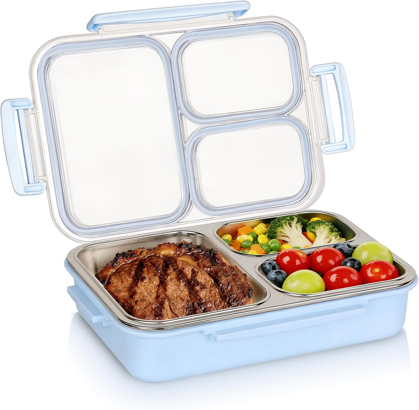 Stainless Steel Lunch Box | Leakproof 3-Compartment Container (Beige & Blue)