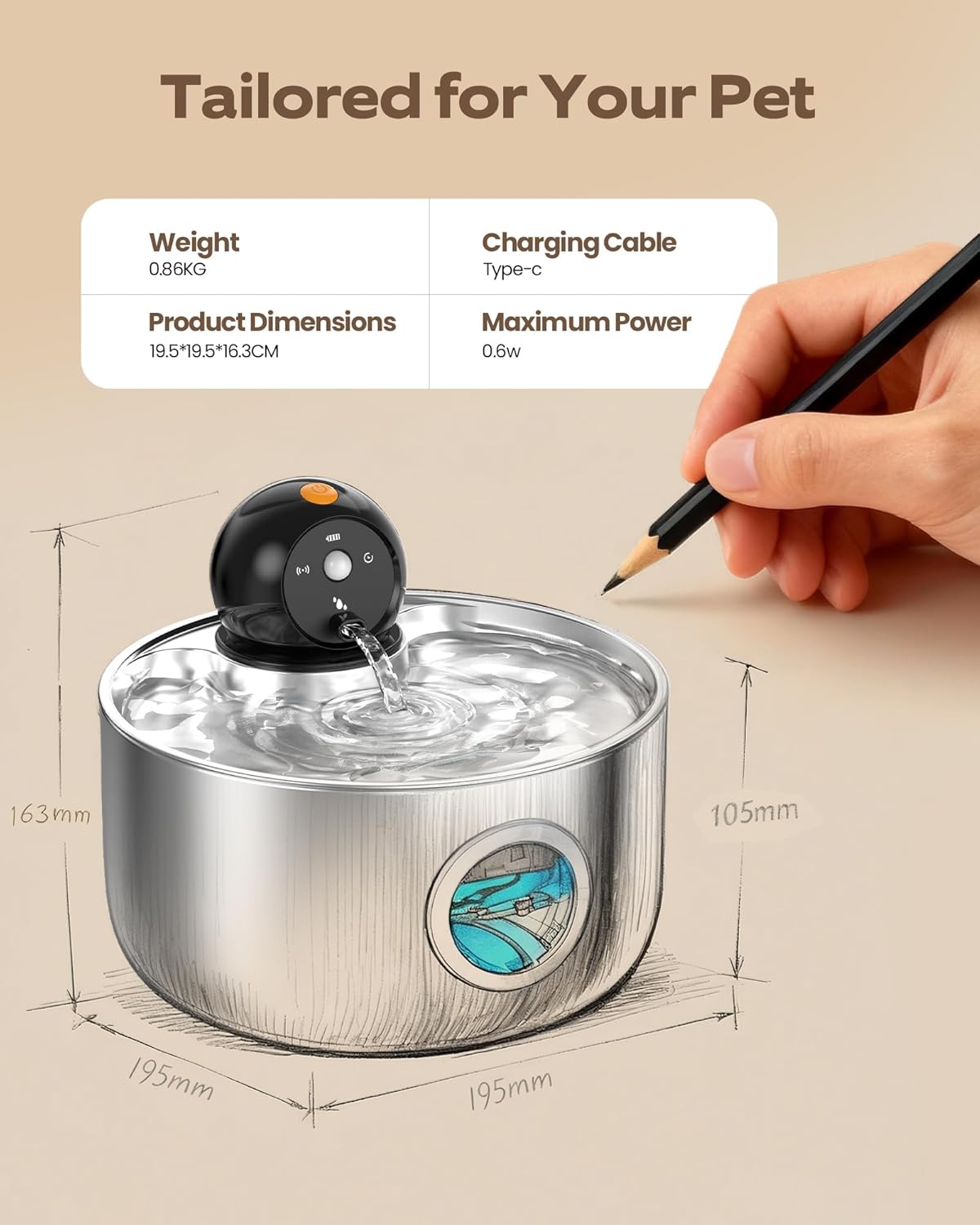 Wireless Stainless Steel Cat Water Fountain | Quiet & Filtered with Motion Sensor