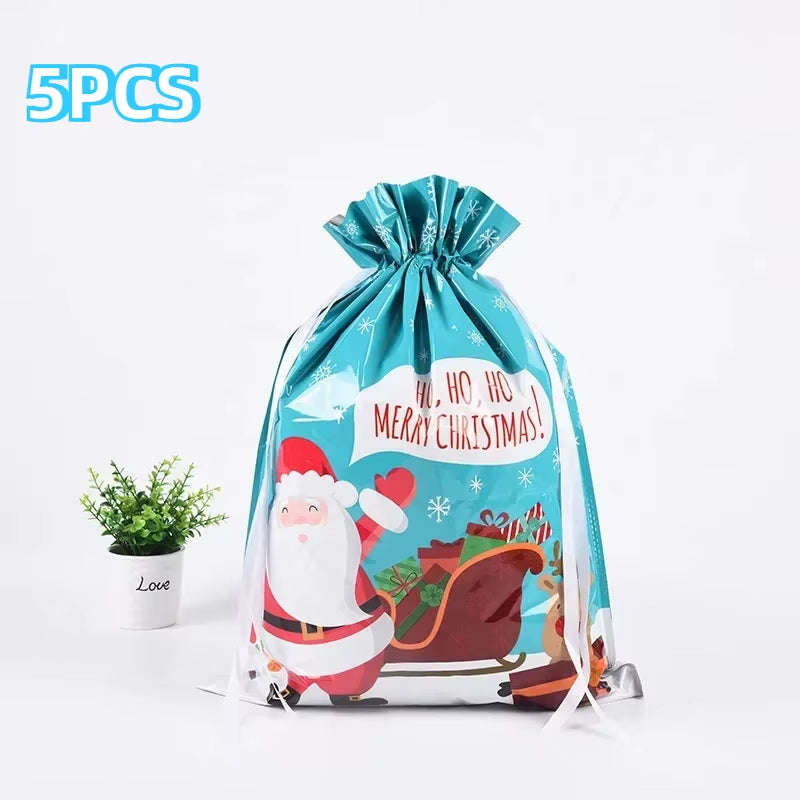 π 5PCS Christmas Drawstring Gift Bags β Reusable Foil Wrapping Sacks for Holiday Presents & Party Favors