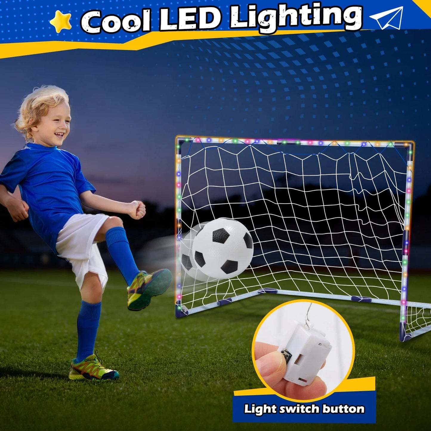 Light-Up Kids Soccer Goal Set for Backyard, Soccer Ball Game Toys with 2 Soccer Balls & 3 Cones, Outdoor Sports Game for Toddler Boys Girls