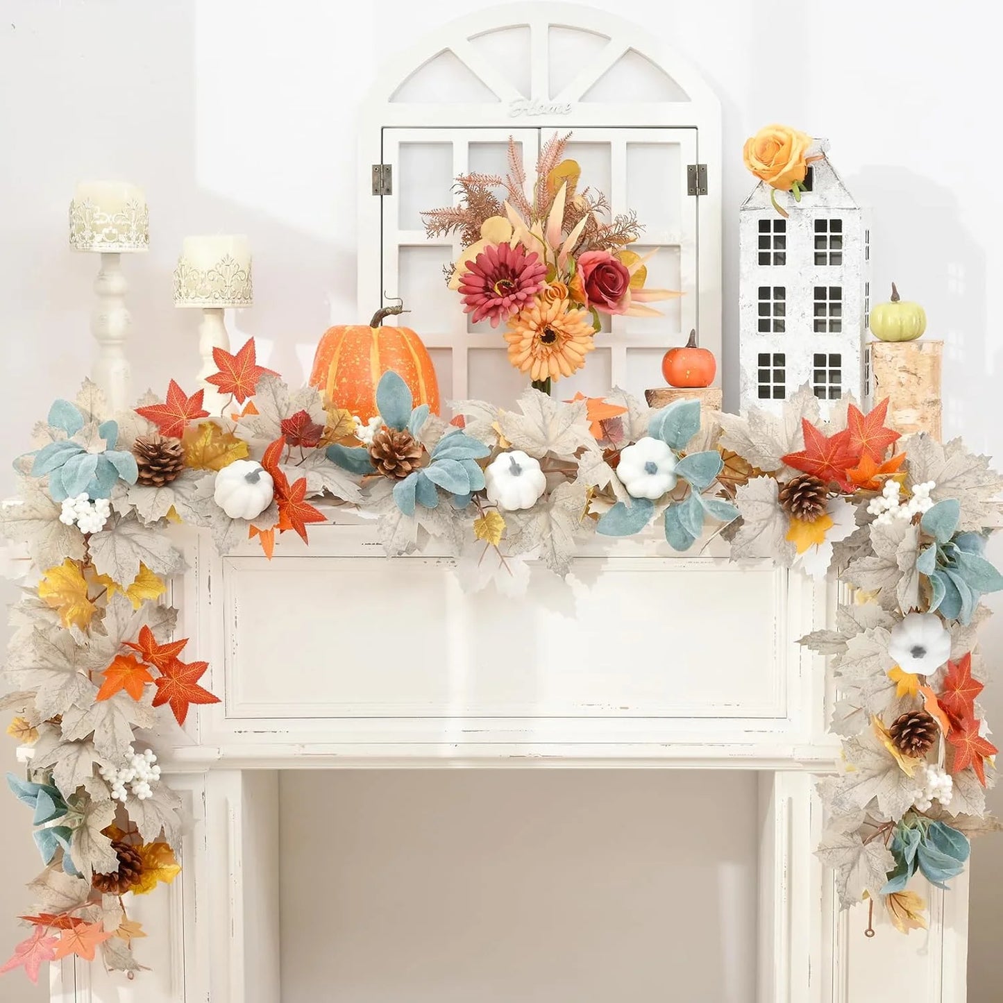 6FT Autumn Garland with Pumpkins, Maple Leaves & Pinecones – Cozy Fall Decorations for Mantle, Fireplace & Home Décor