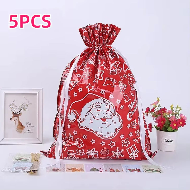 π 5PCS Christmas Drawstring Gift Bags β Reusable Foil Wrapping Sacks for Holiday Presents & Party Favors