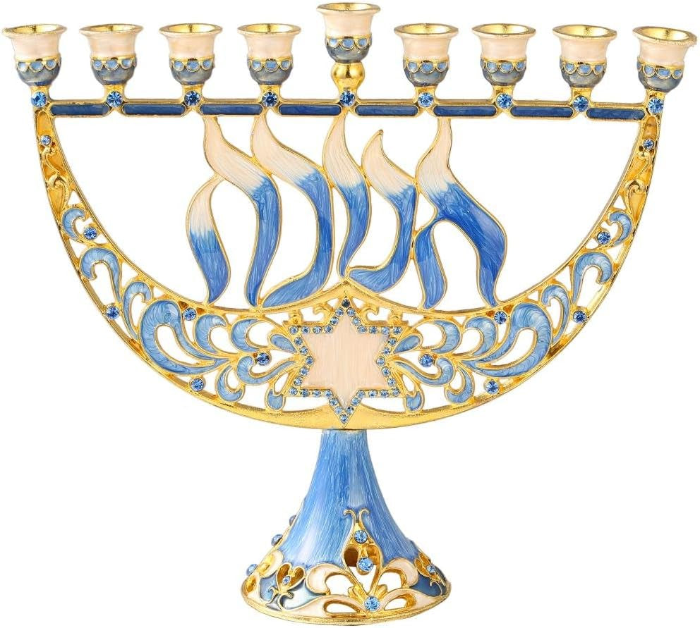 Hand Painted Enamel Menorah Candelabra with Star of David and Hanukkah Design and Embellished with Gold Accents and Crystals - Jewish Candle Holder, Holy Land Gift Showpiece for Living Room