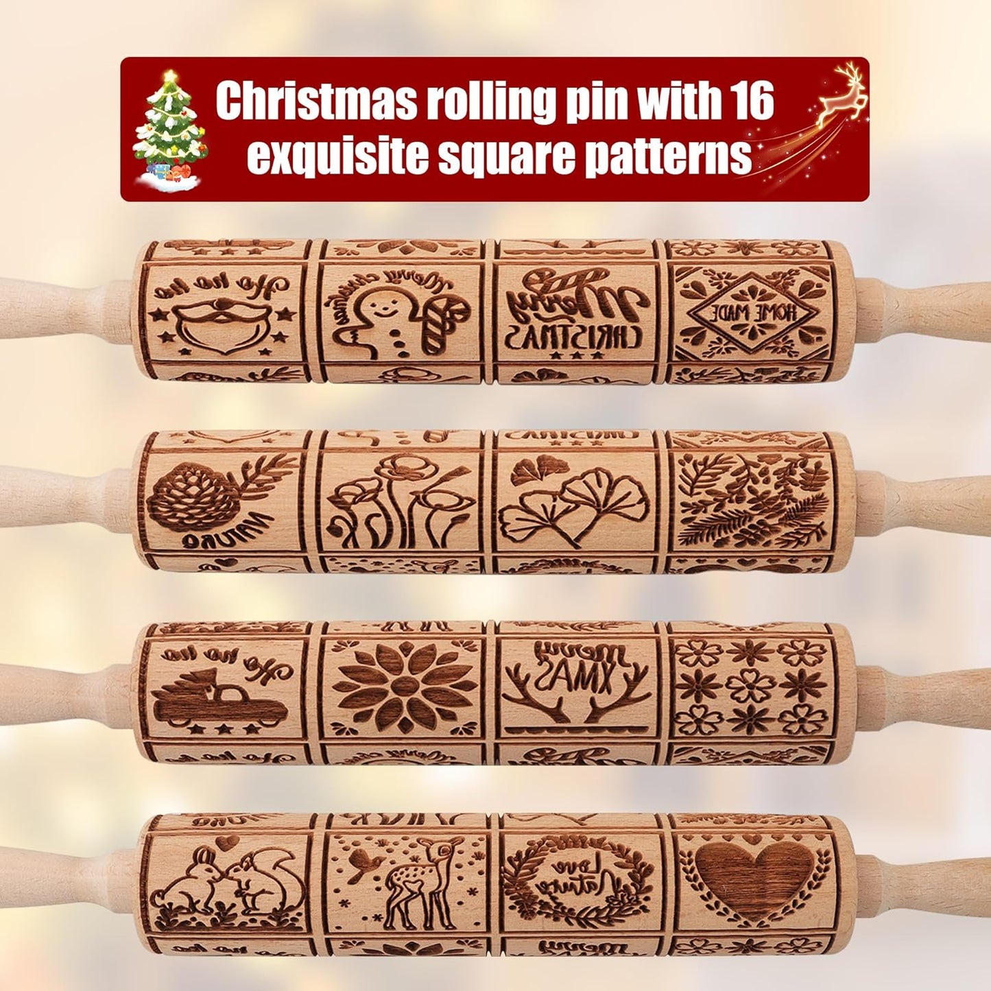 17" Embossed Wooden Rolling Pin β 3mm Deep Christmas Cookie Roller with Holiday Designs & Cleaning Brush
