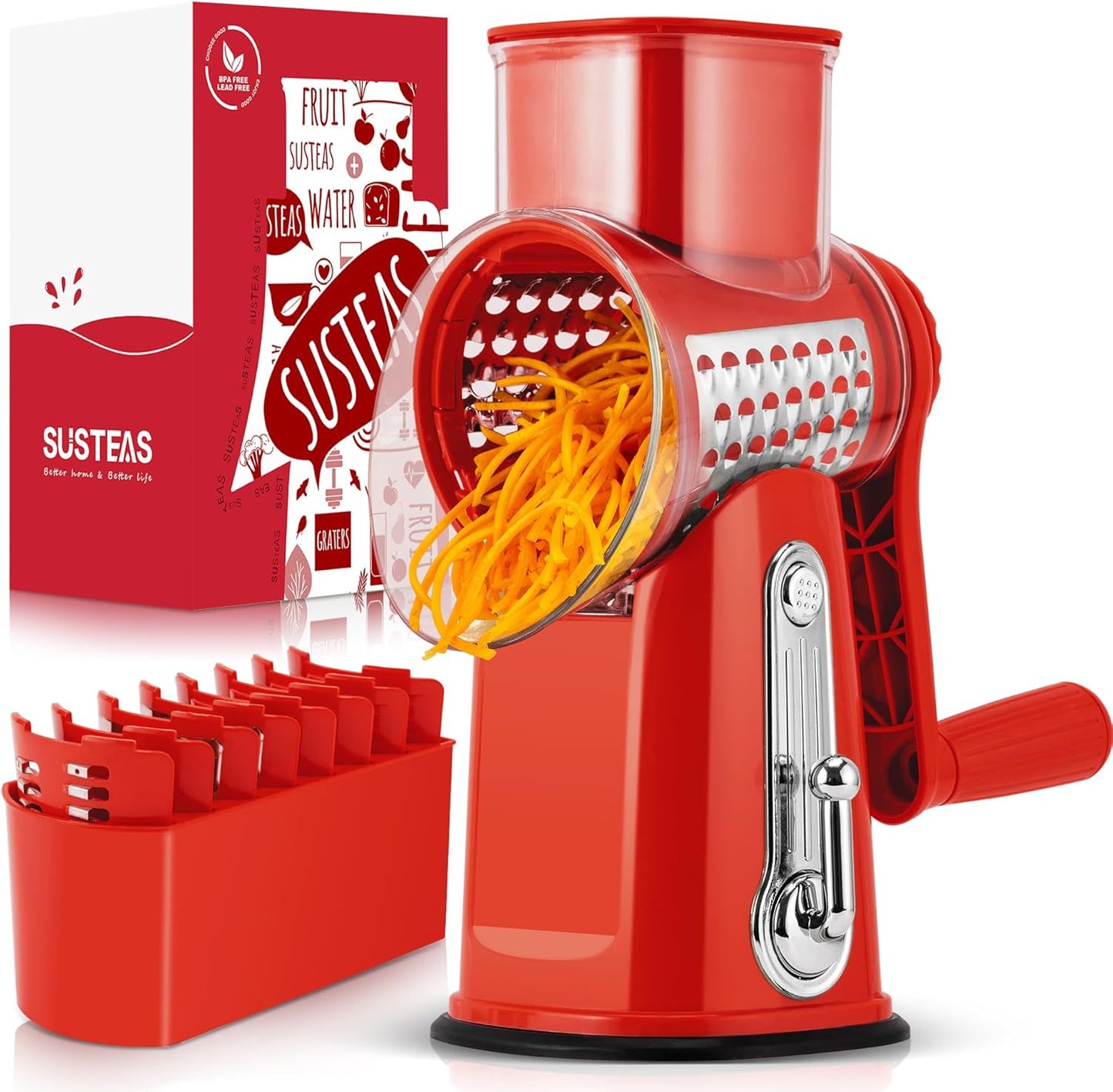 5-in-1 Rotary Cheese & Veggie Grater – Easy Hand-Crank Slicer with Interchangeable Cutting Inserts & Strong Suction Base