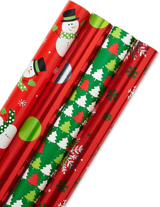 Reversible Christmas Wrapping Paper Rolls, Red and Green Holiday Gift Wrap (105 Sq. Ft., 4 Rolls-30 In. X 12 Ft.) Polka Dots, Trees, Snowmen and Snowflakes