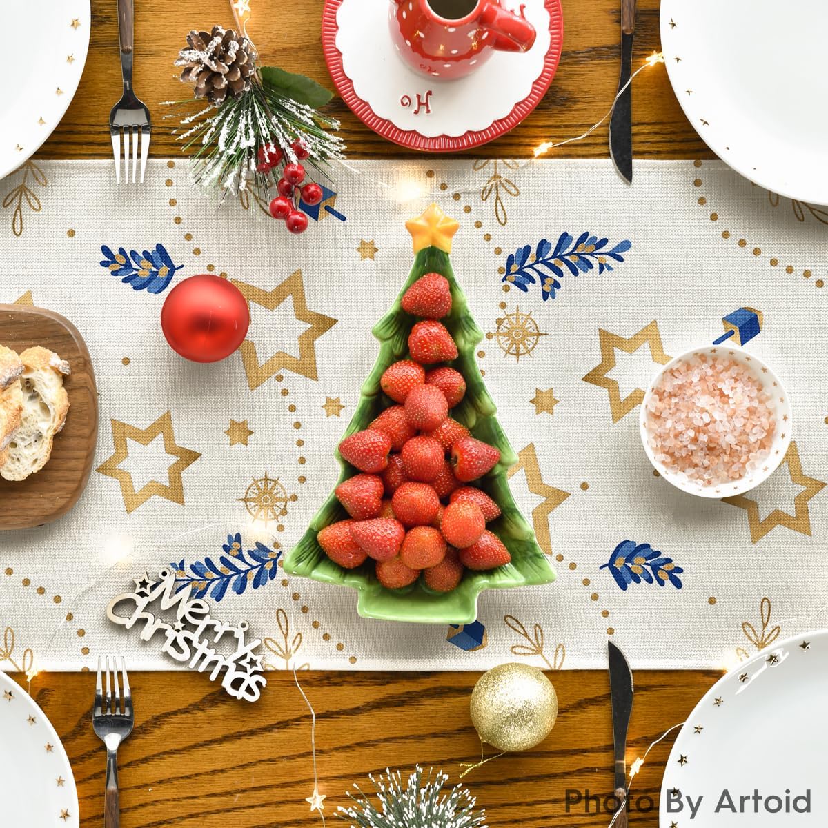 Hanukkah Table Runner – Elegant Watercolor Star Design, Holiday Dining Decor 13x72"
