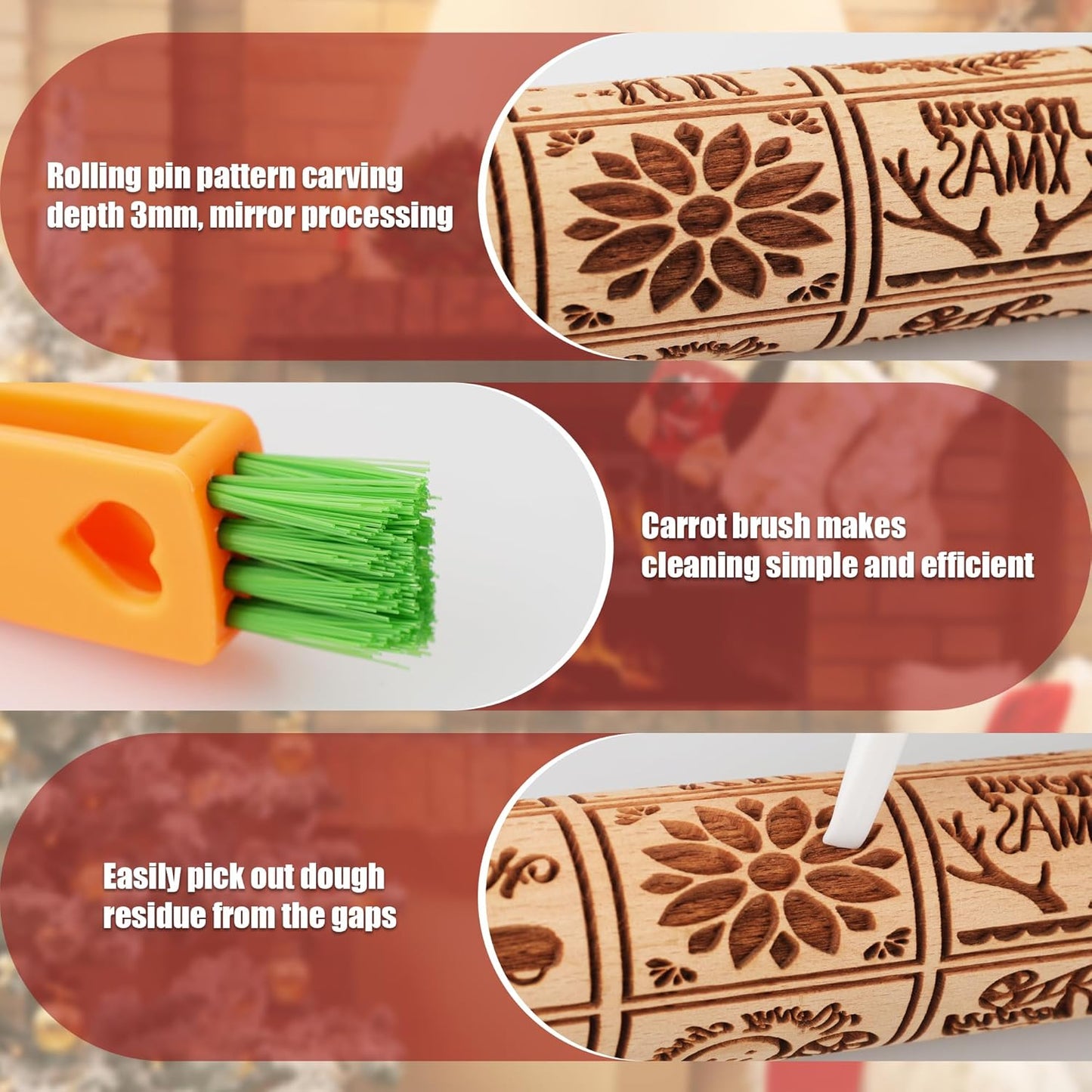 17" Embossed Wooden Rolling Pin β 3mm Deep Christmas Cookie Roller with Holiday Designs & Cleaning Brush
