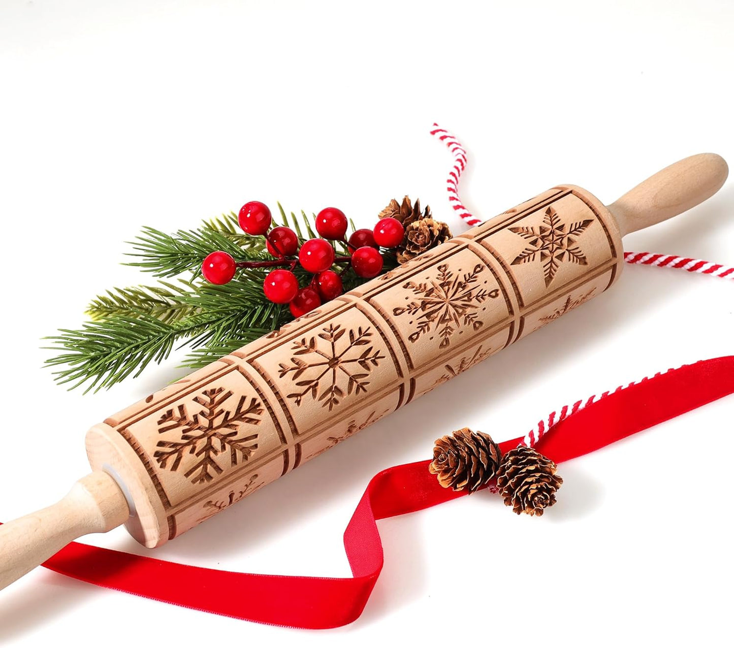 17" Embossed Wooden Rolling Pin β 3mm Deep Christmas Cookie Roller with Holiday Designs & Cleaning Brush