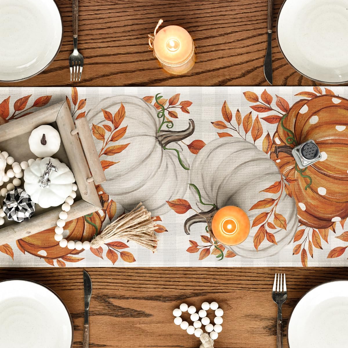Buffalo Plaid Orange Pumpkins Eucalyptus Fall Table Runner, Autumn Thanksgiving Kitchen Dining Table Decoration for Home Party Decor