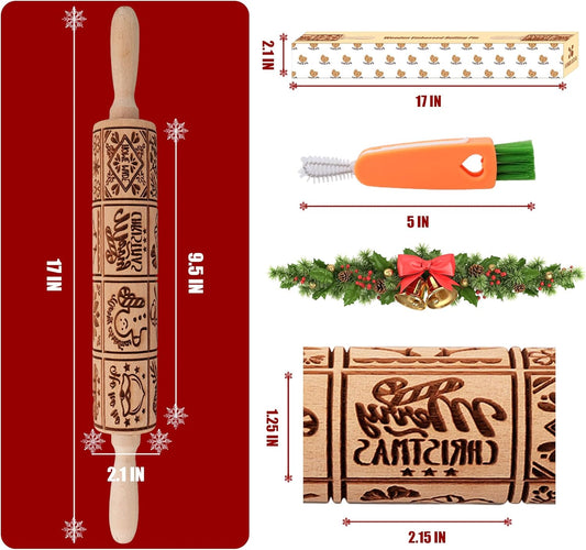17" Embossed Wooden Rolling Pin – 3mm Deep Christmas Cookie Roller with Holiday Designs & Cleaning Brush