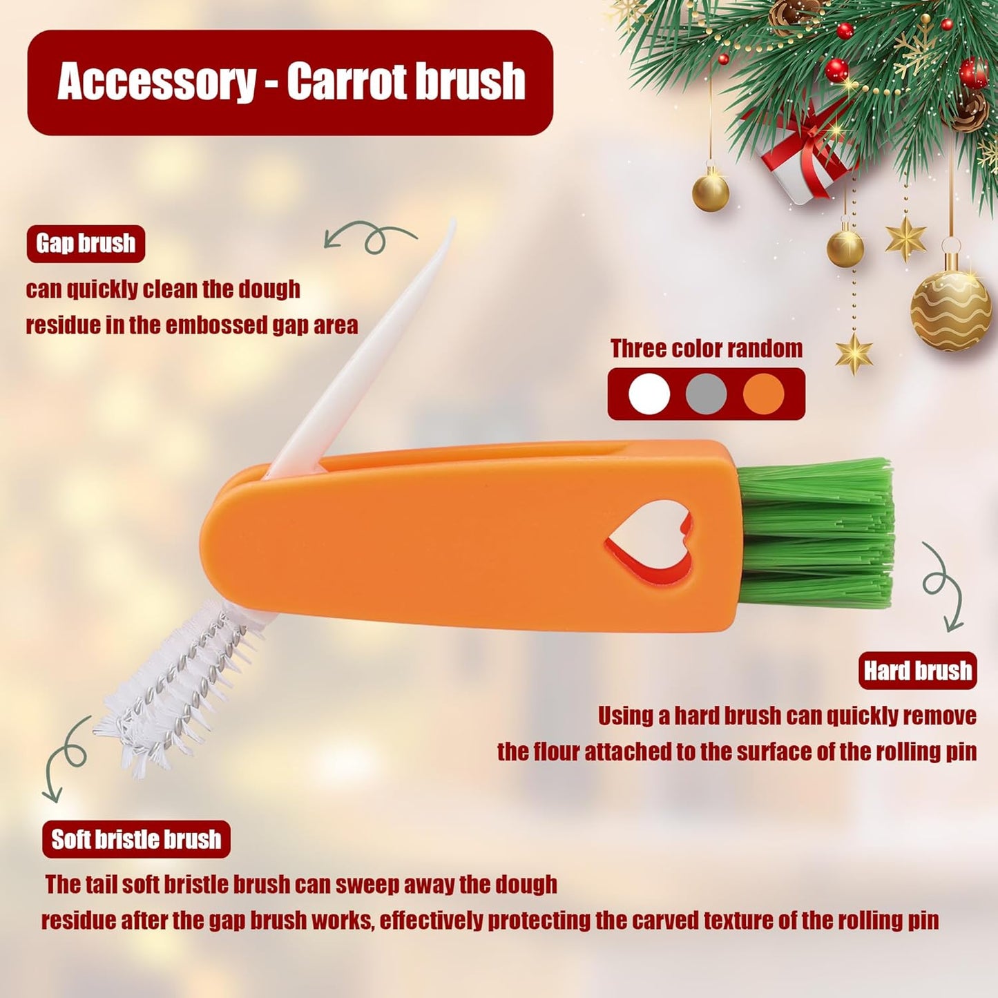 17" Embossed Wooden Rolling Pin β 3mm Deep Christmas Cookie Roller with Holiday Designs & Cleaning Brush