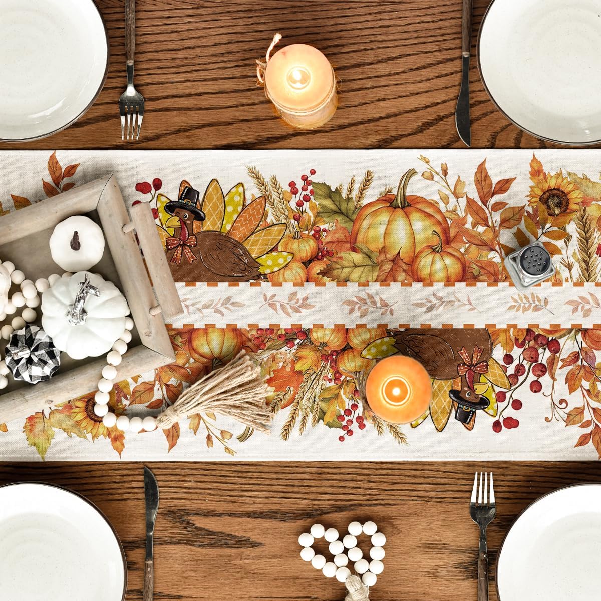 Fall Thanksgiving Table Runner 13x72 Inch β Sunflower, Turkey & Maple Leaf Design for Autumn Kitchen, Dining Table, or Home Party Decor