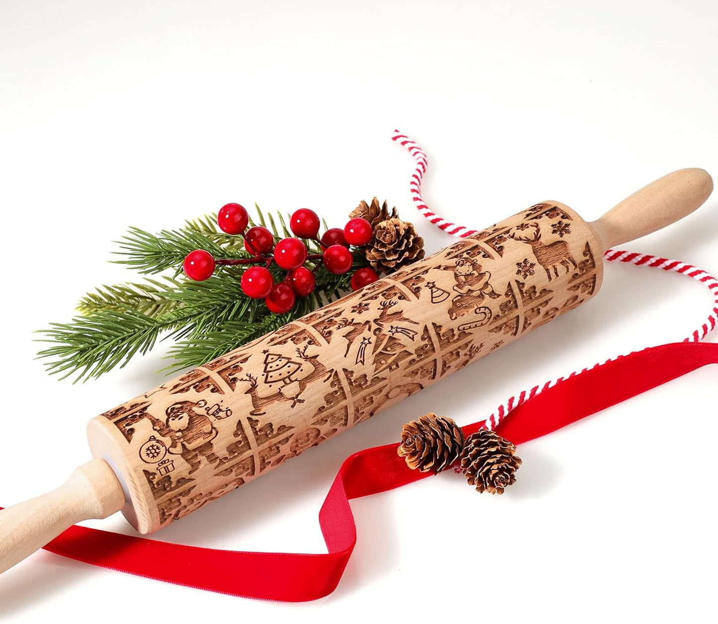 17" Embossed Wooden Rolling Pin β 3mm Deep Christmas Cookie Roller with Holiday Designs & Cleaning Brush