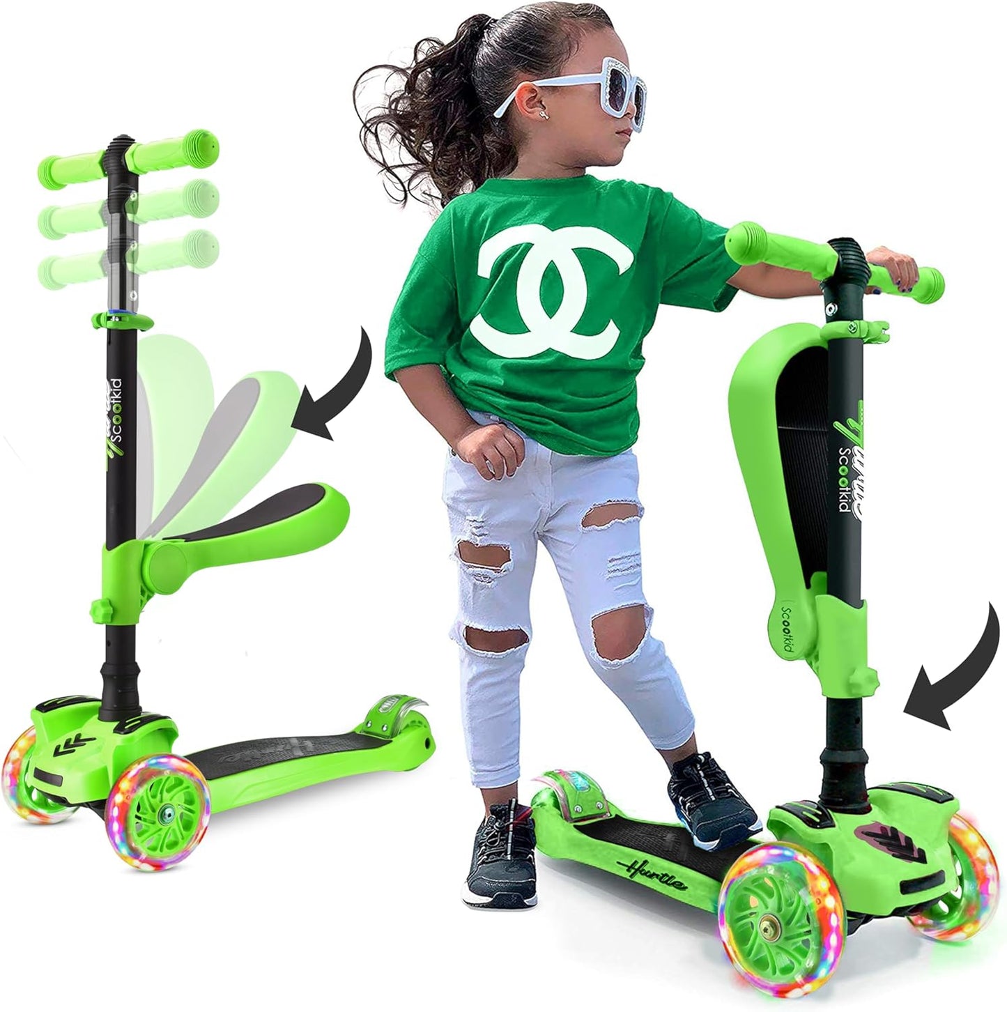 3-Wheel Kids Scooter with LED Light-Up Wheels – Adjustable Lean-to-Steer Handlebar & Foldable Seat, Sit or Stand Ride with Brake for Ages 3–10