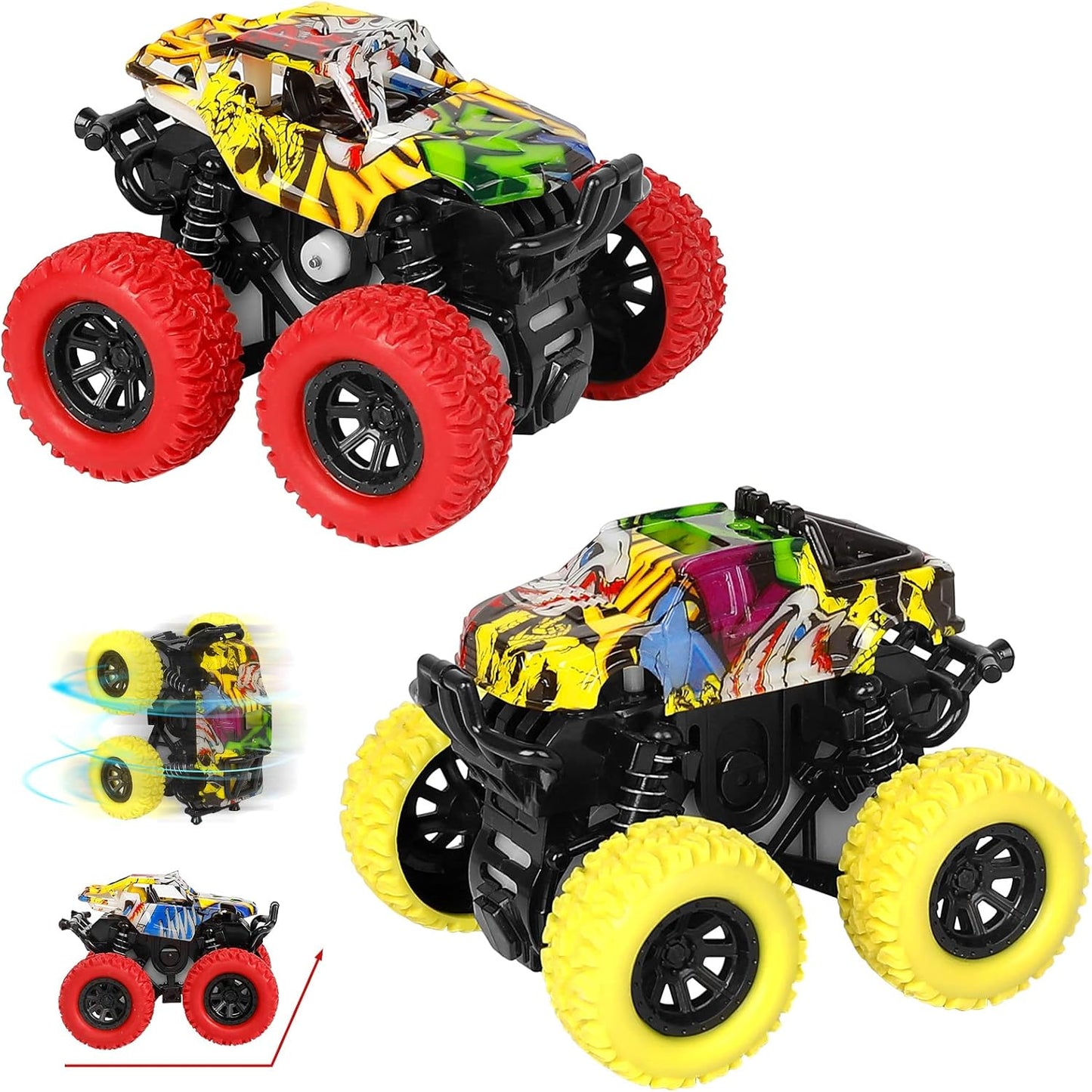 2-Pack Monster Truck Toys – Friction Powered 360° Rotating Stunt Cars for Toddlers and Kids Ages 2–4, Push and Go Trucks for Boys & Girls