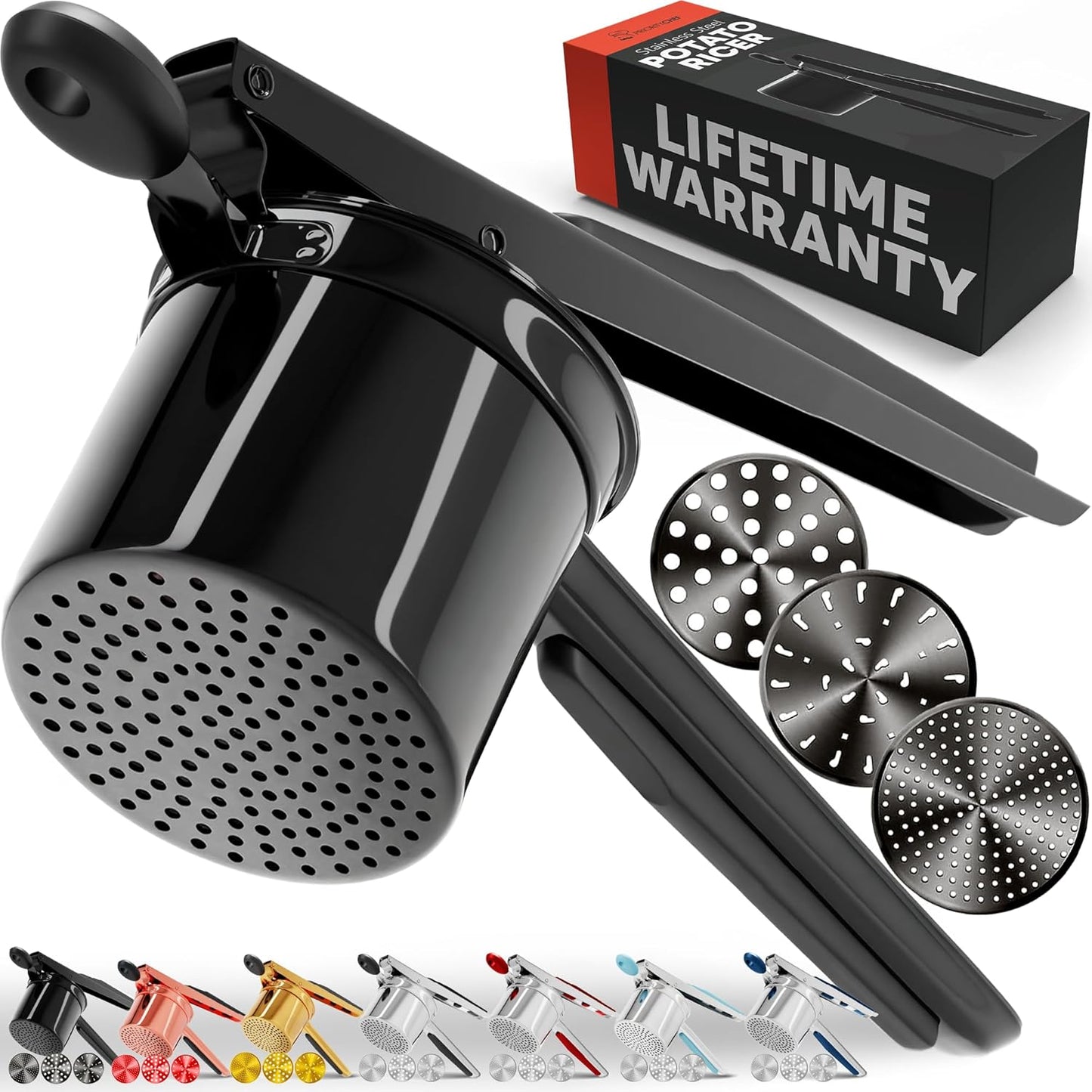 Heavy Duty Potato Ricer with 3 Discs – Stainless Steel Masher for Smooth, Fluffy Potatoes & Veggies (15oz)