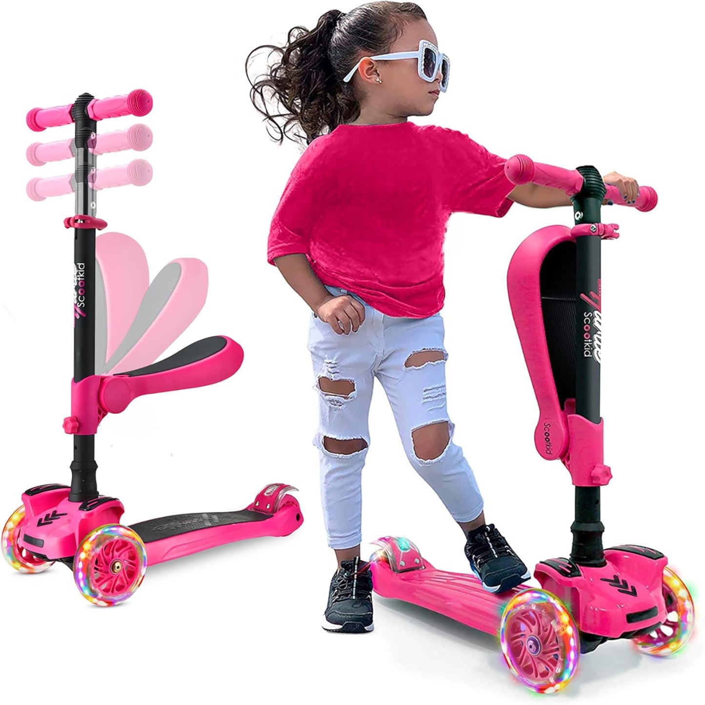 3-Wheel Kids Scooter with LED Light-Up Wheels – Adjustable Lean-to-Steer Handlebar & Foldable Seat, Sit or Stand Ride with Brake for Ages 3–10
