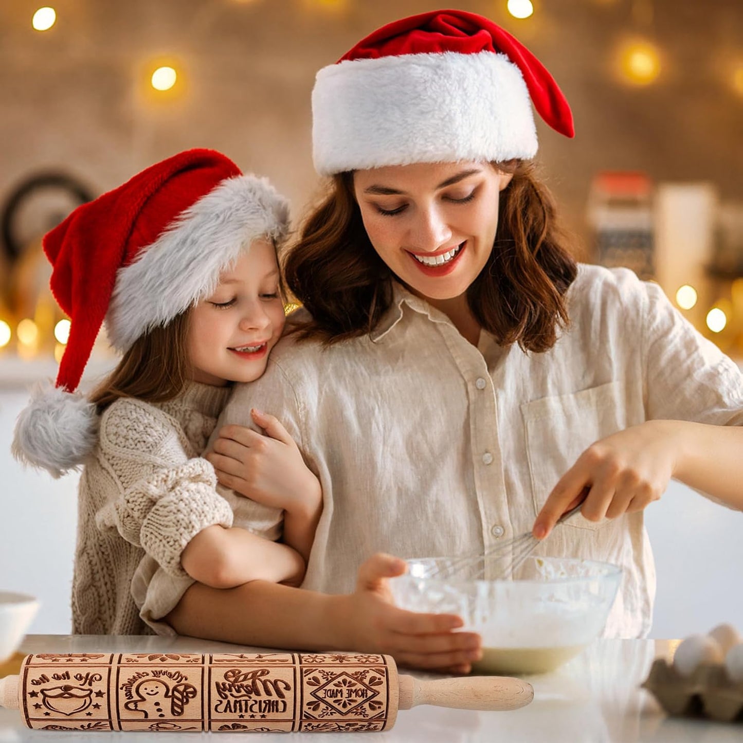 17" Embossed Wooden Rolling Pin β 3mm Deep Christmas Cookie Roller with Holiday Designs & Cleaning Brush