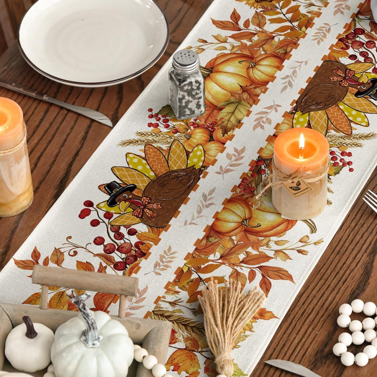 Fall Thanksgiving Table Runner 13x72 Inch β Sunflower, Turkey & Maple Leaf Design for Autumn Kitchen, Dining Table, or Home Party Decor