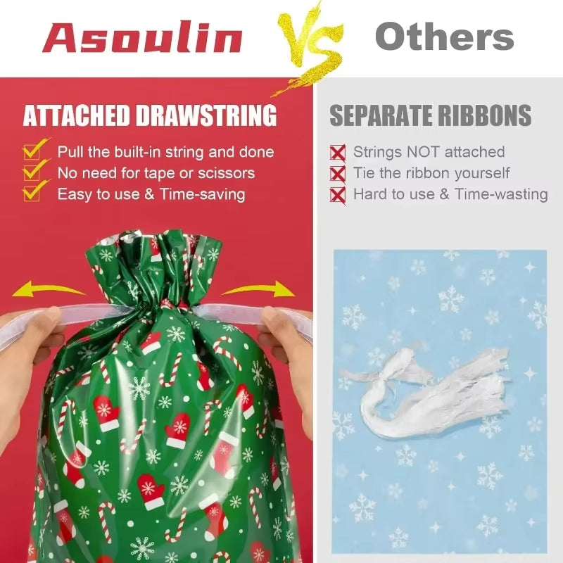 π 5PCS Christmas Drawstring Gift Bags β Reusable Foil Wrapping Sacks for Holiday Presents & Party Favors