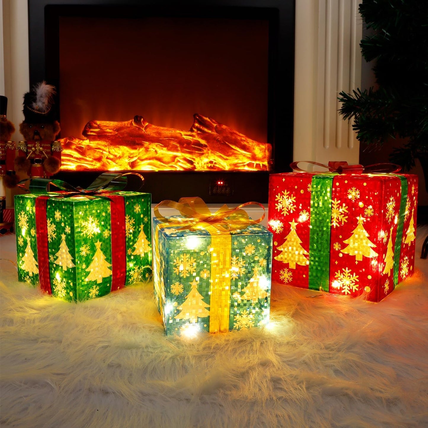 Set of 3 Lighted Christmas Gift Boxes – 60 LED Snowflake Design for Indoor & Outdoor Holiday Décor