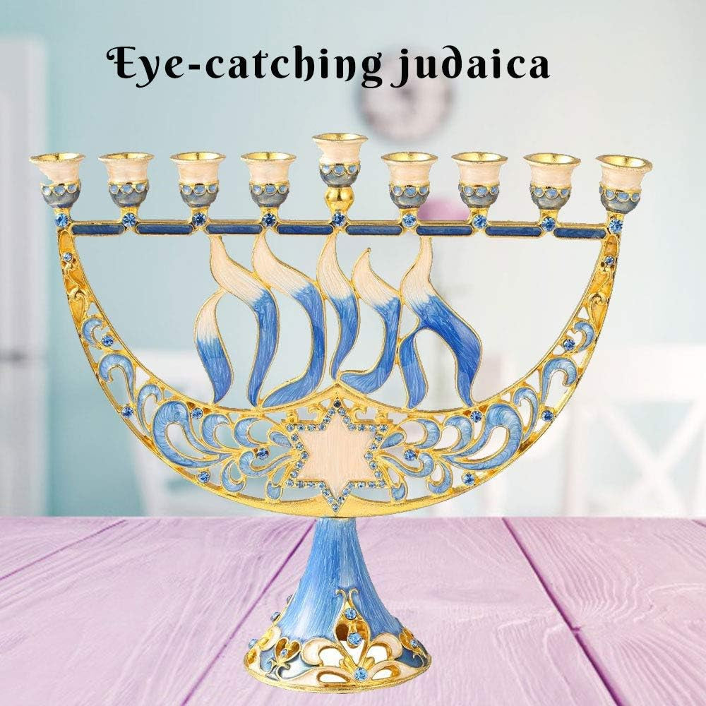 Hand Painted Enamel Menorah Candelabra with Star of David and Hanukkah Design and Embellished with Gold Accents and Crystals - Jewish Candle Holder, Holy Land Gift Showpiece for Living Room