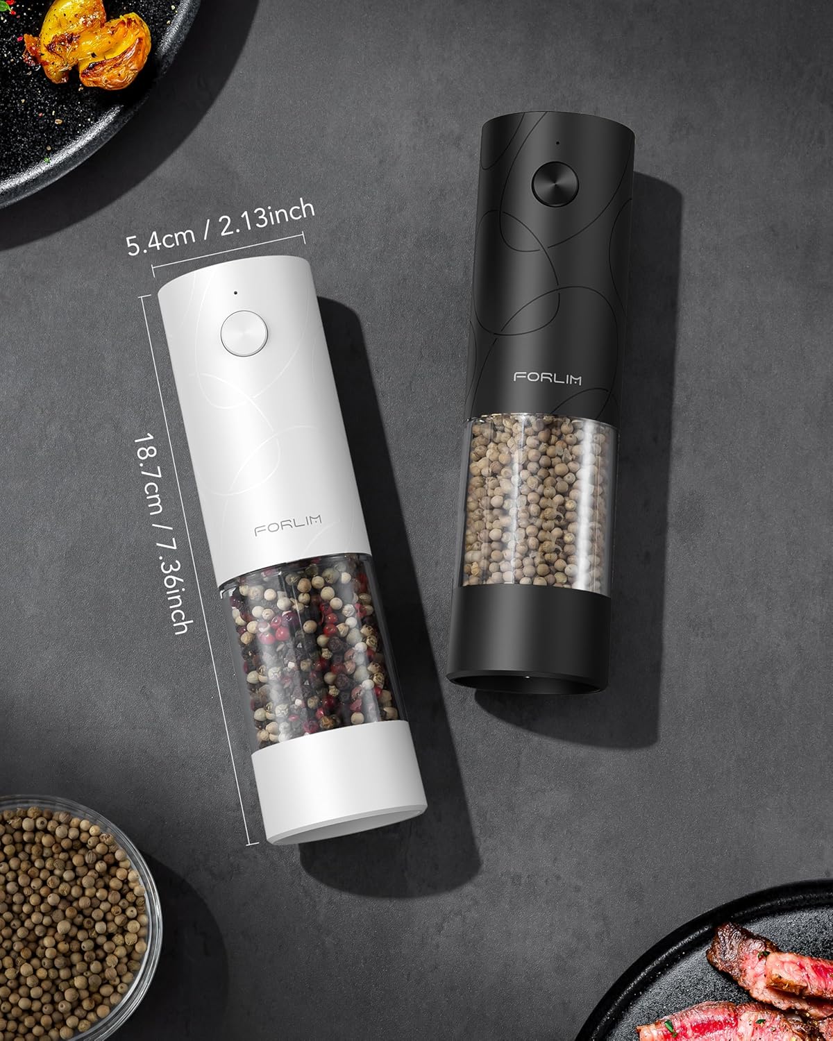 Automatic Salt & Pepper Grinder Set – USB Rechargeable, One-Touch Control, Adjustable Coarseness, LED Light, Dust Cover, 2-Pack (Black & White)