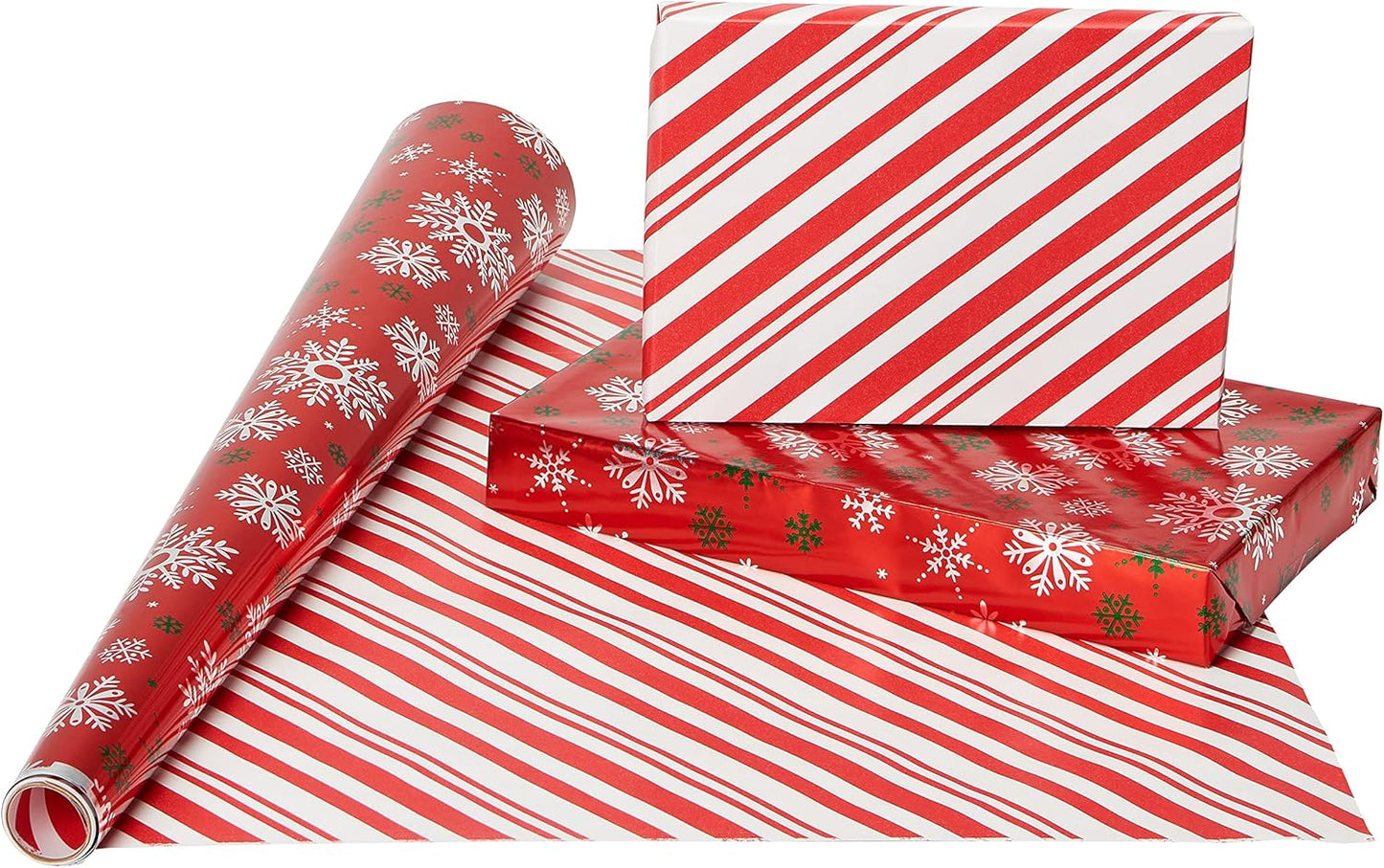 Reversible Christmas Wrapping Paper Rolls, Red and Green Holiday Gift Wrap (105 Sq. Ft., 4 Rolls-30 In. X 12 Ft.) Polka Dots, Trees, Snowmen and Snowflakes