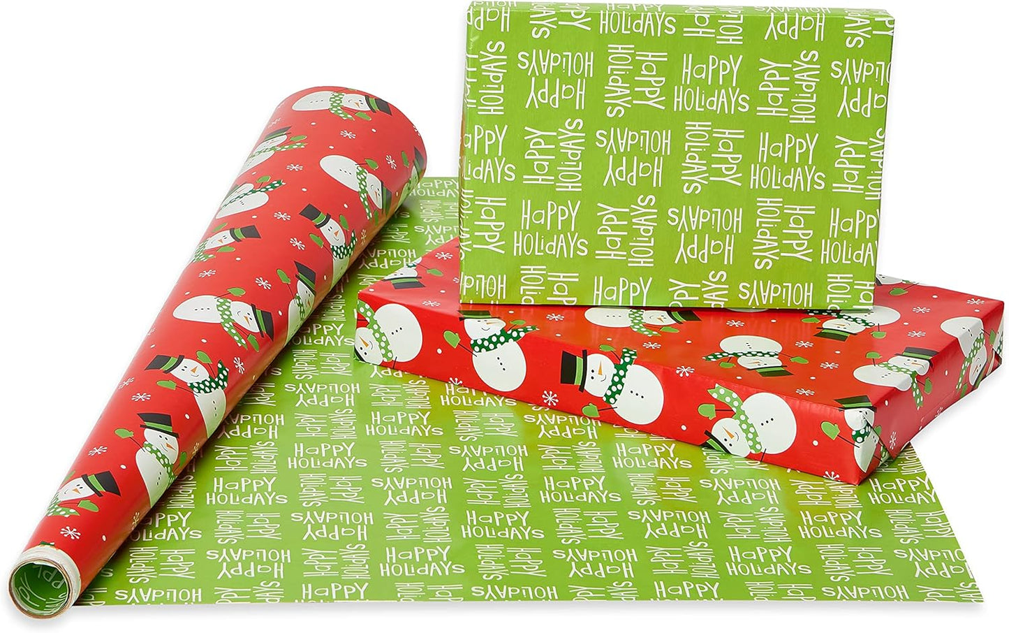 Reversible Christmas Wrapping Paper Rolls, Red and Green Holiday Gift Wrap (105 Sq. Ft., 4 Rolls-30 In. X 12 Ft.) Polka Dots, Trees, Snowmen and Snowflakes