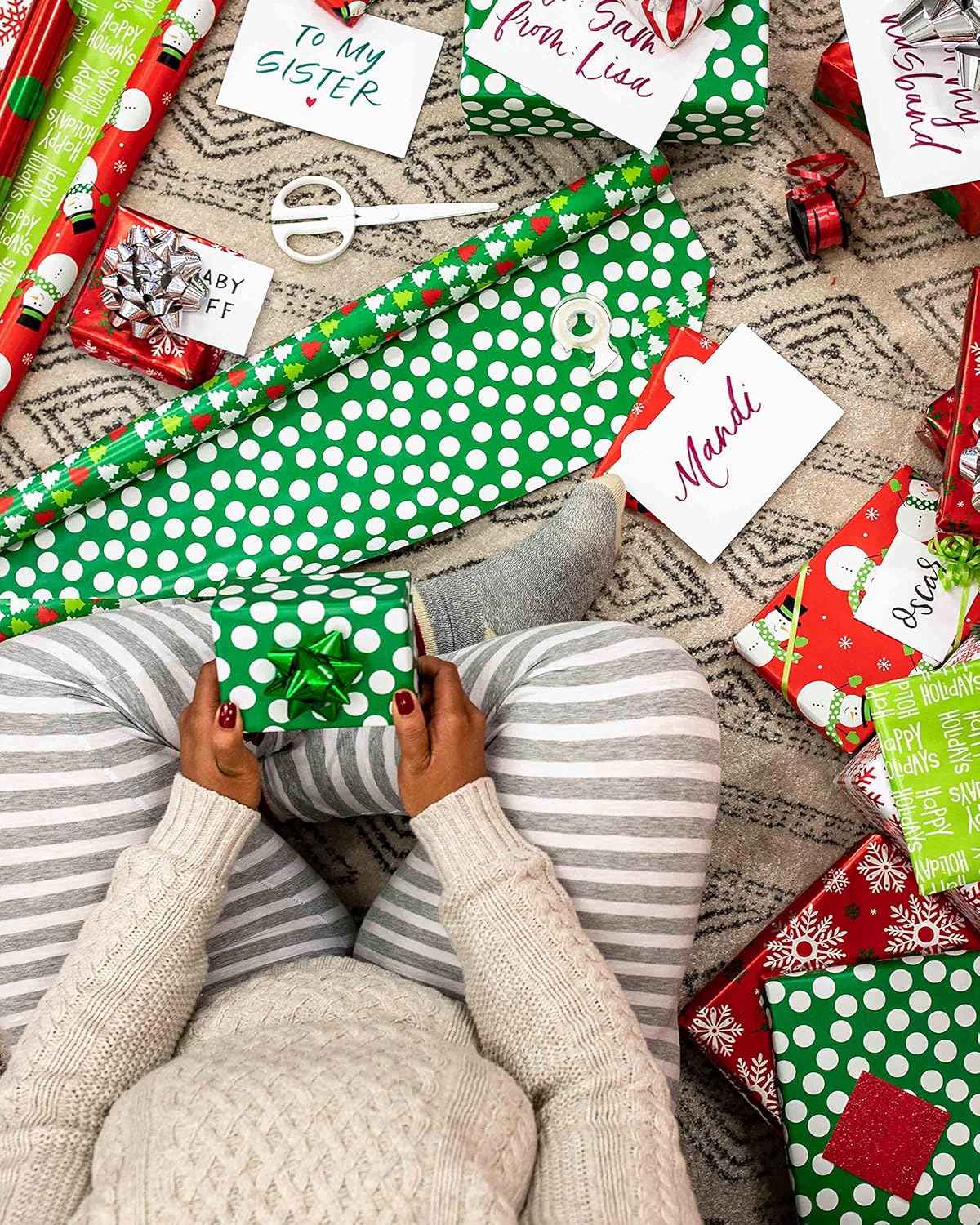 Reversible Christmas Wrapping Paper Rolls, Red and Green Holiday Gift Wrap (105 Sq. Ft., 4 Rolls-30 In. X 12 Ft.) Polka Dots, Trees, Snowmen and Snowflakes