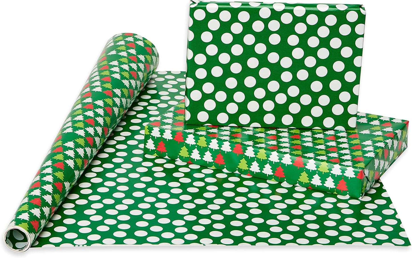 Reversible Christmas Wrapping Paper Rolls, Red and Green Holiday Gift Wrap (105 Sq. Ft., 4 Rolls-30 In. X 12 Ft.) Polka Dots, Trees, Snowmen and Snowflakes