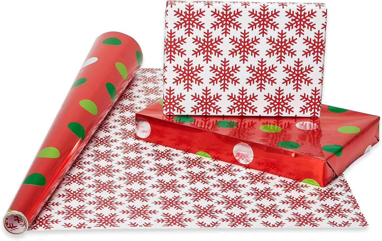 Reversible Christmas Wrapping Paper Rolls, Red and Green Holiday Gift Wrap (105 Sq. Ft., 4 Rolls-30 In. X 12 Ft.) Polka Dots, Trees, Snowmen and Snowflakes