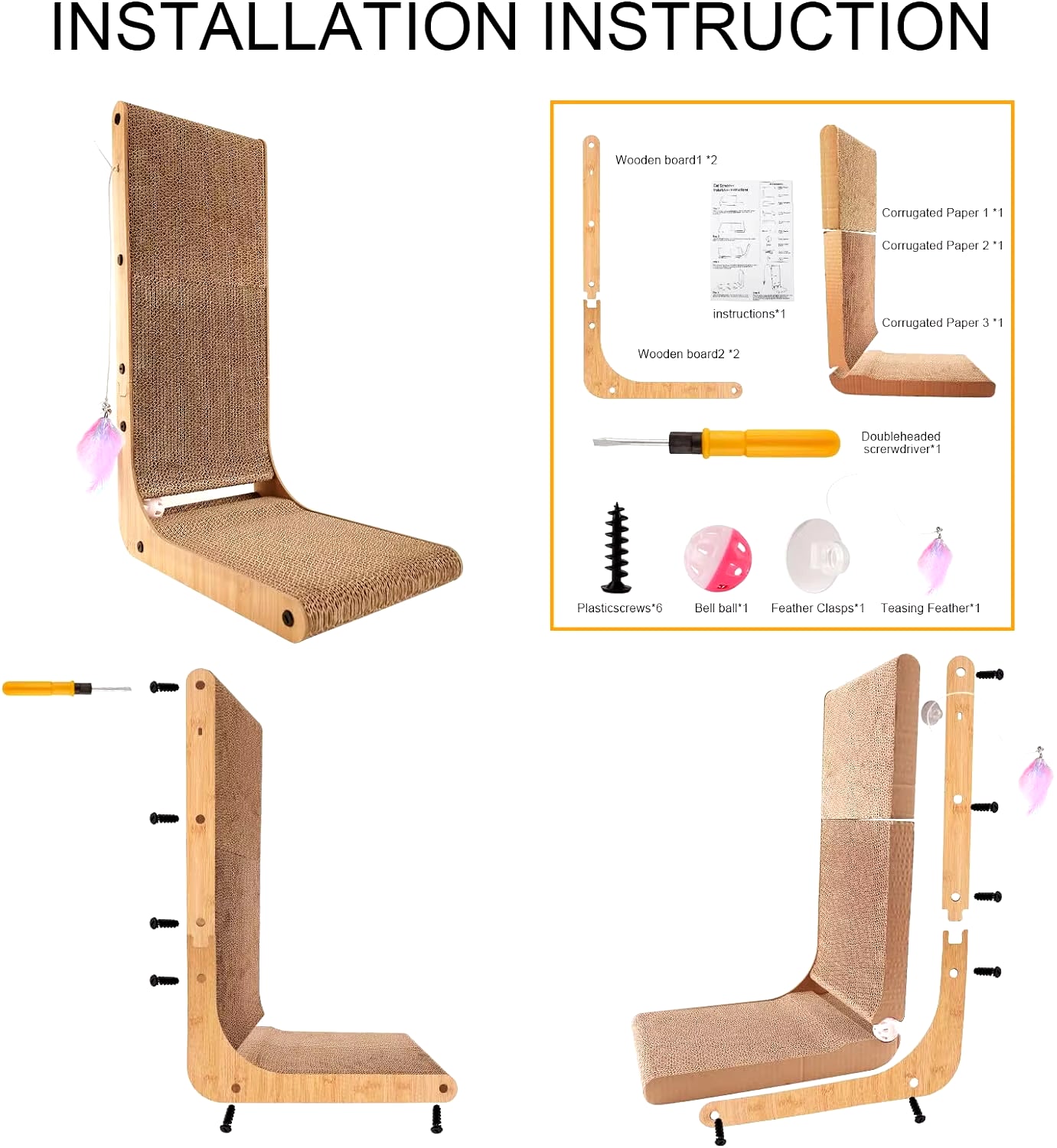 L-Shaped Cat Scratcher – 23.6 Inch Cardboard Scratch Pad for Indoor Cats, Durable Furniture Protector