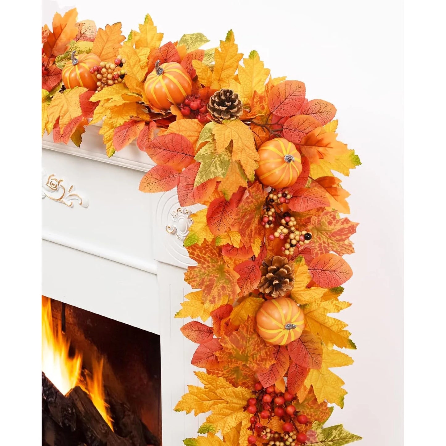 6FT Autumn Garland with Pumpkins, Maple Leaves & Pinecones – Cozy Fall Decorations for Mantle, Fireplace & Home Décor