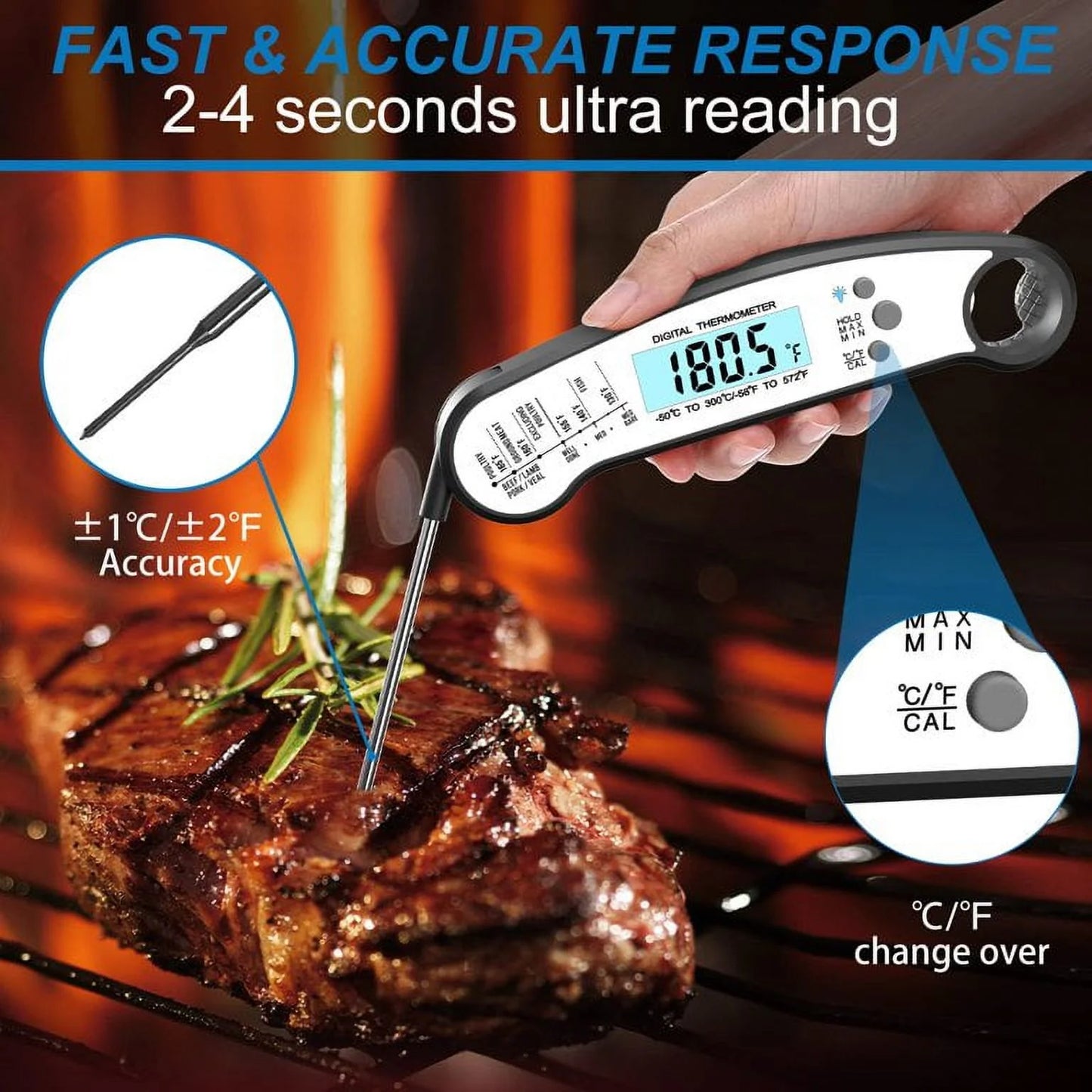 Instant Read Meat Thermometer – Digital Food Thermometer for Grilling, BBQ, Kitchen & Outdoor Cooking