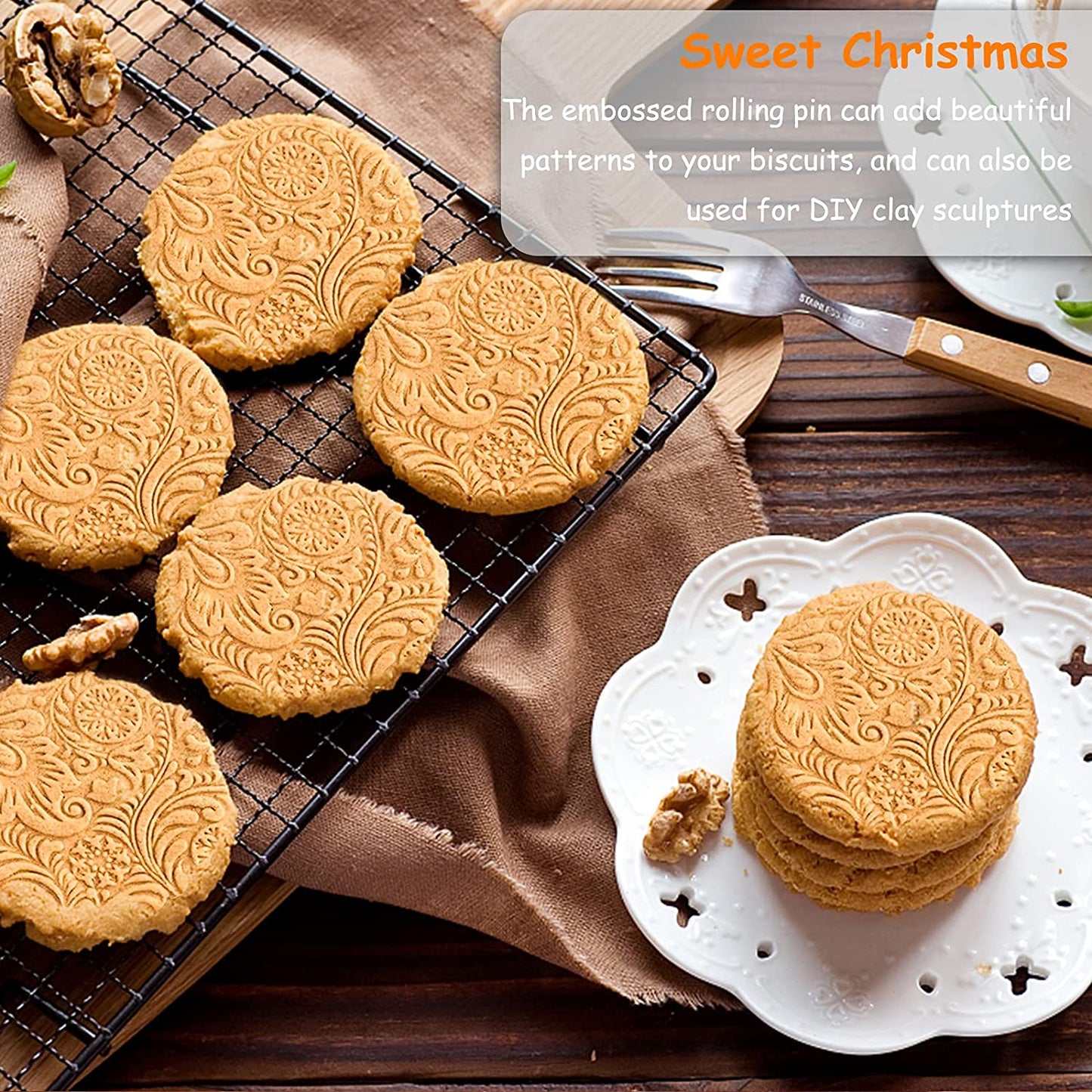 Christmas Embossed Wooden Rolling Pin β 3D Laser-Engraved Snowflake & Flower Pattern for Holiday Cookies, Pastry & Fondant (35Γ5 cm)
