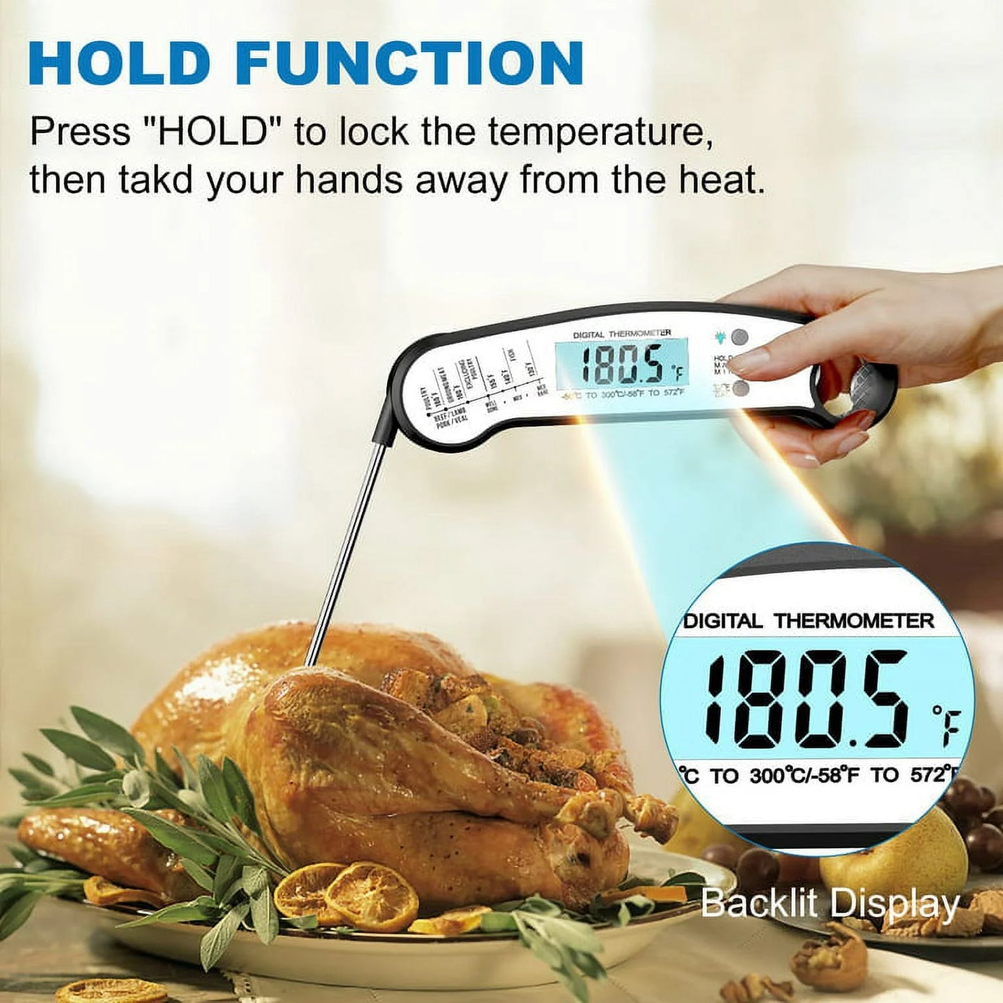 Instant Read Meat Thermometer – Digital Food Thermometer for Grilling, BBQ, Kitchen & Outdoor Cooking