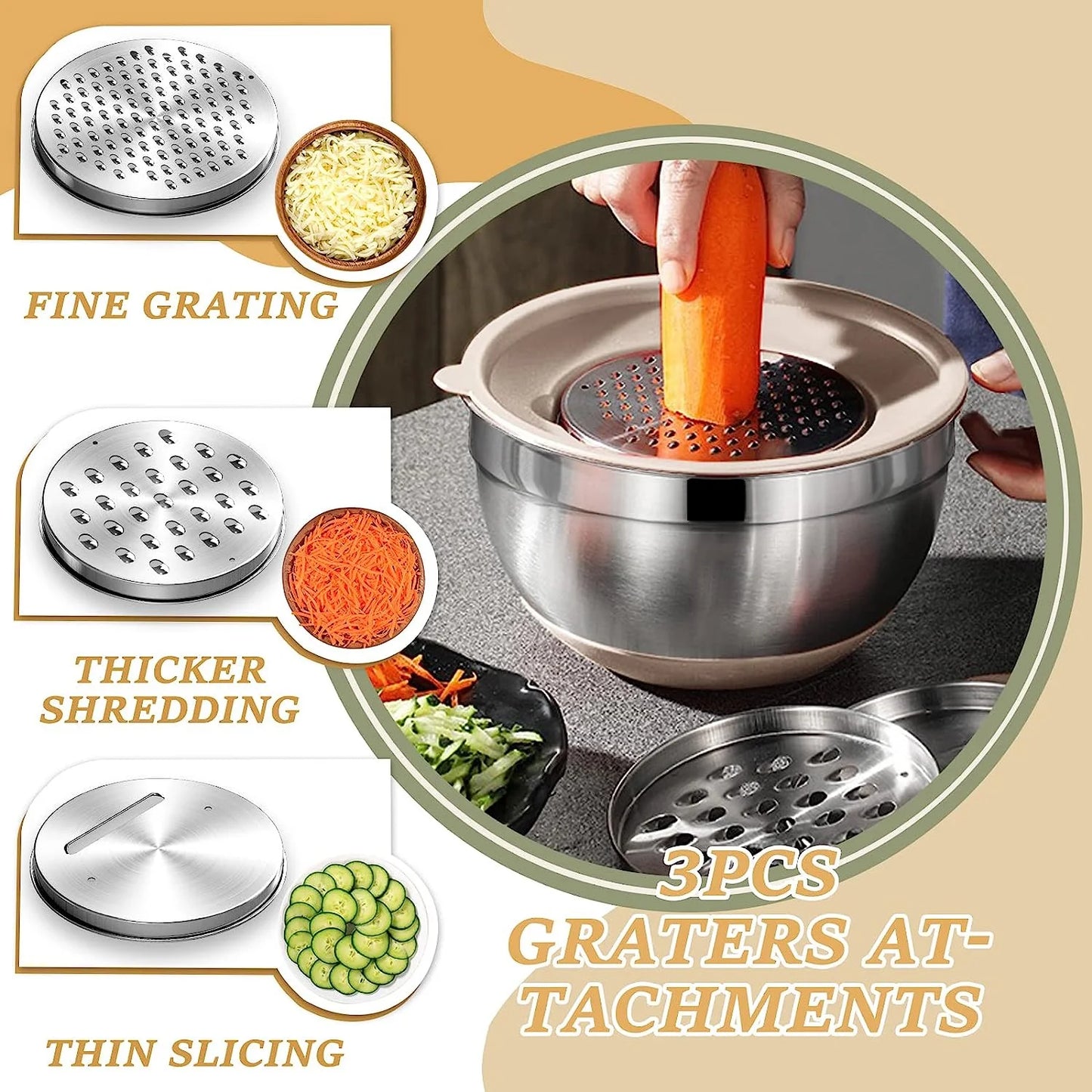 Stainless Steel Mixing Bowl Set with Airtight Lids – 26-Piece Nesting Set with Non-Slip Bottoms & Grater Attachments