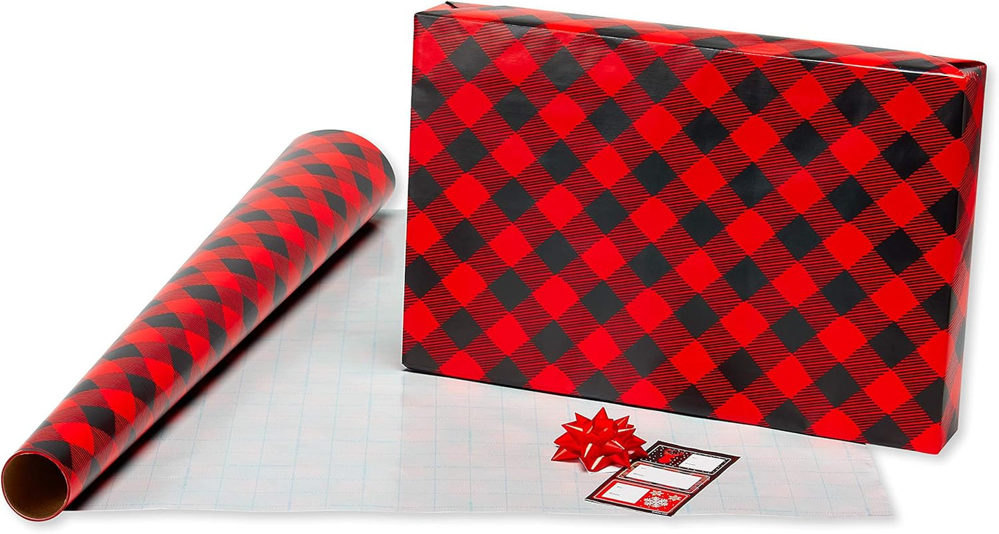 π Buffalo Plaid Christmas Wrapping Paper Set β Red & Black Holiday Gift Wrap with Snowflakes and Reindeer (4 Rolls, 120 Sq. Ft., 7 Bows & 30 Gift Tags)