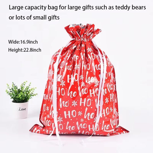 🎁 5PCS Christmas Drawstring Gift Bags – Reusable Foil Wrapping Sacks for Holiday Presents & Party Favors