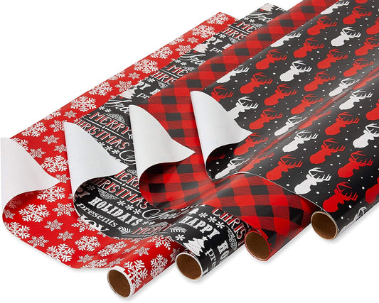 🎁 Buffalo Plaid Christmas Wrapping Paper Set – Red & Black Holiday Gift Wrap with Snowflakes and Reindeer (4 Rolls, 120 Sq. Ft., 7 Bows & 30 Gift Tags)