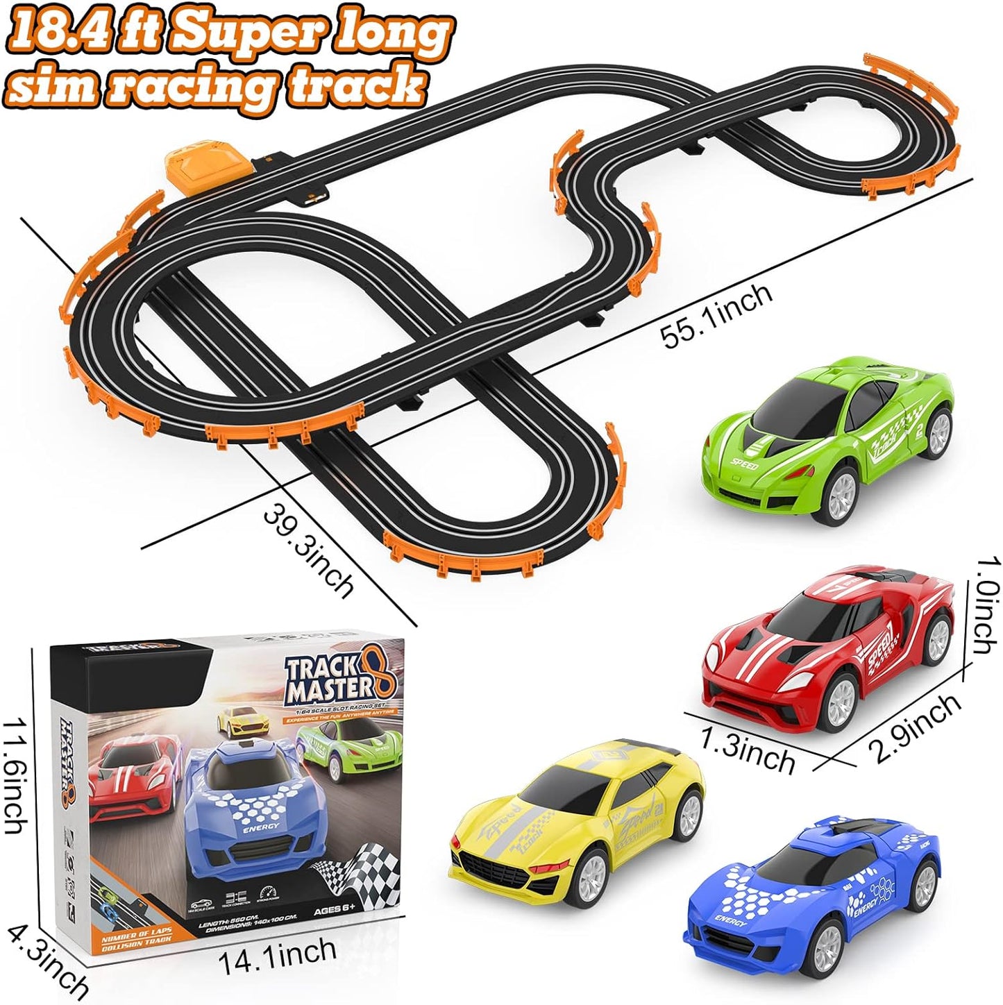 Slot Car Race Track Set – 18.4 ft Electric Racing Track with 4 Cars, Controllers & Lap Counter for Kids Ages 6–12