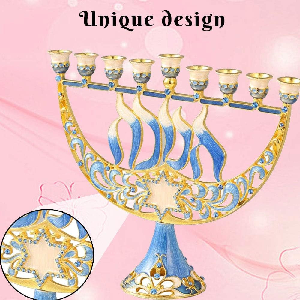 Hand Painted Enamel Menorah Candelabra with Star of David and Hanukkah Design and Embellished with Gold Accents and Crystals - Jewish Candle Holder, Holy Land Gift Showpiece for Living Room