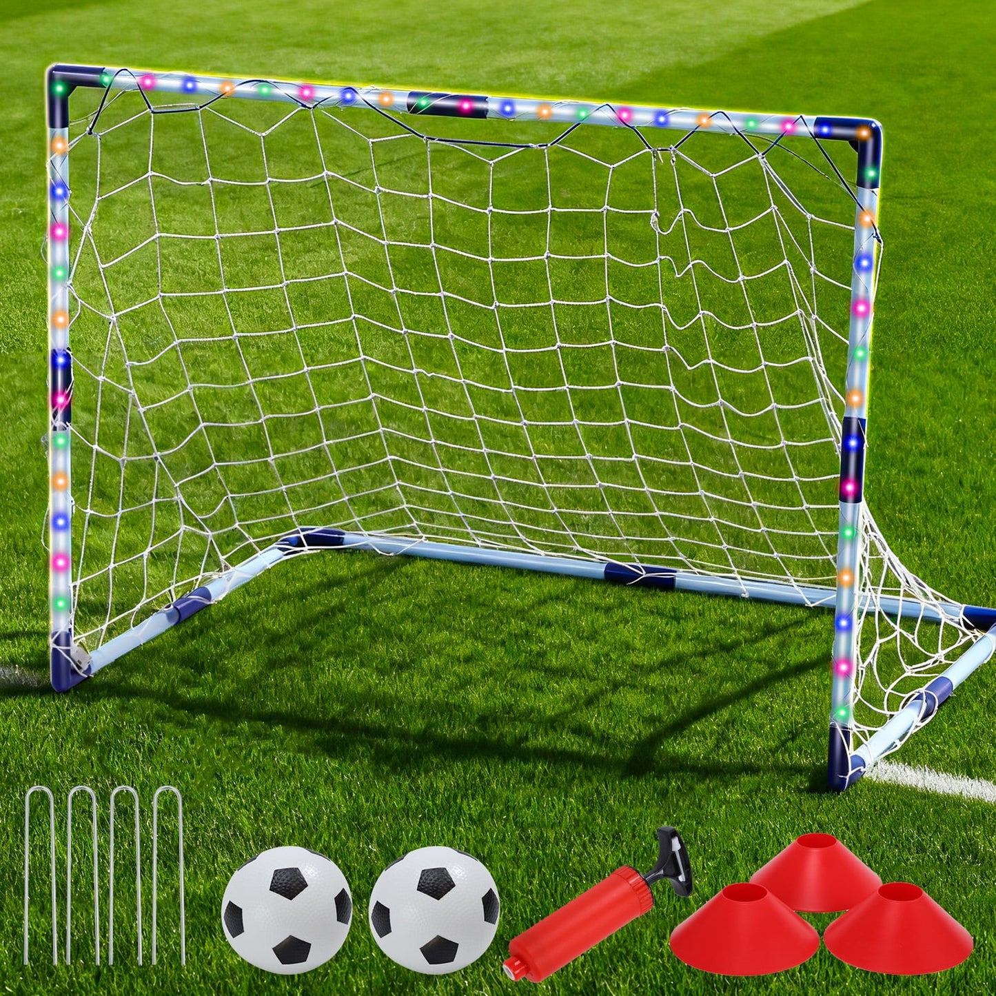 Light-Up Kids Soccer Goal Set for Backyard, Soccer Ball Game Toys with 2 Soccer Balls & 3 Cones, Outdoor Sports Game for Toddler Boys Girls