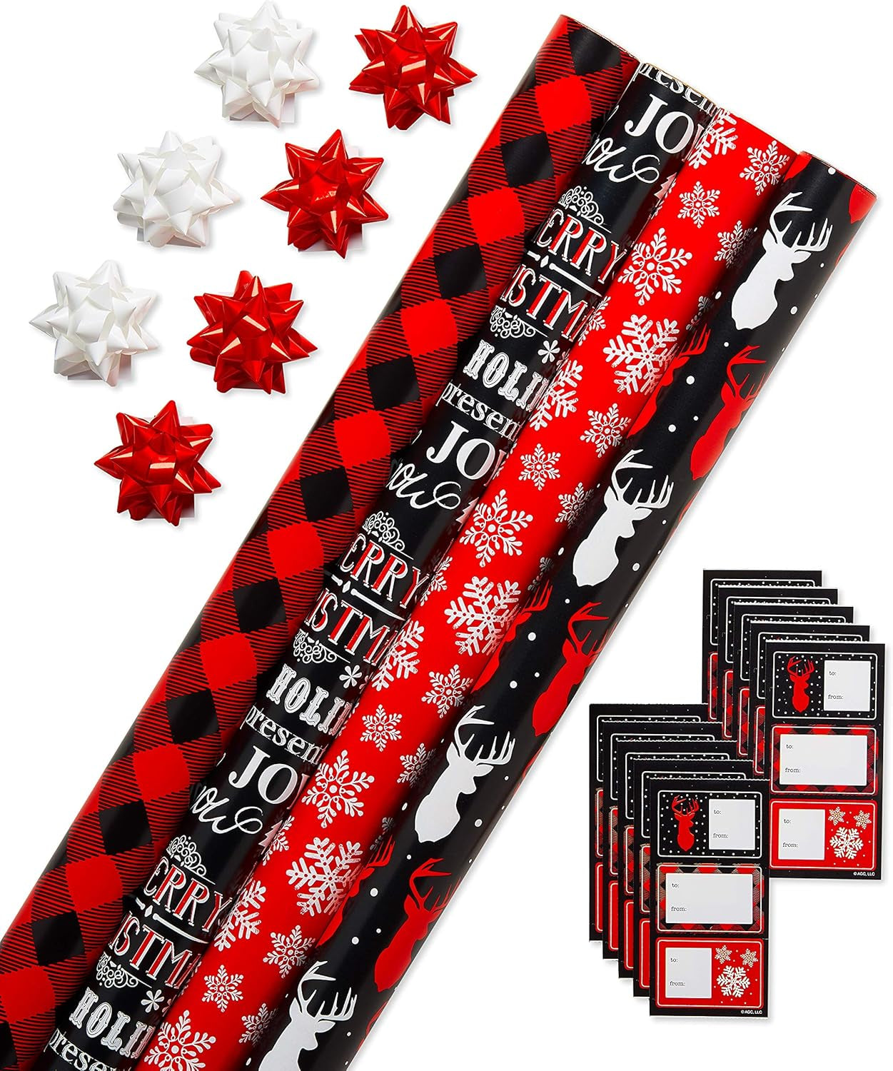 π Buffalo Plaid Christmas Wrapping Paper Set β Red & Black Holiday Gift Wrap with Snowflakes and Reindeer (4 Rolls, 120 Sq. Ft., 7 Bows & 30 Gift Tags)
